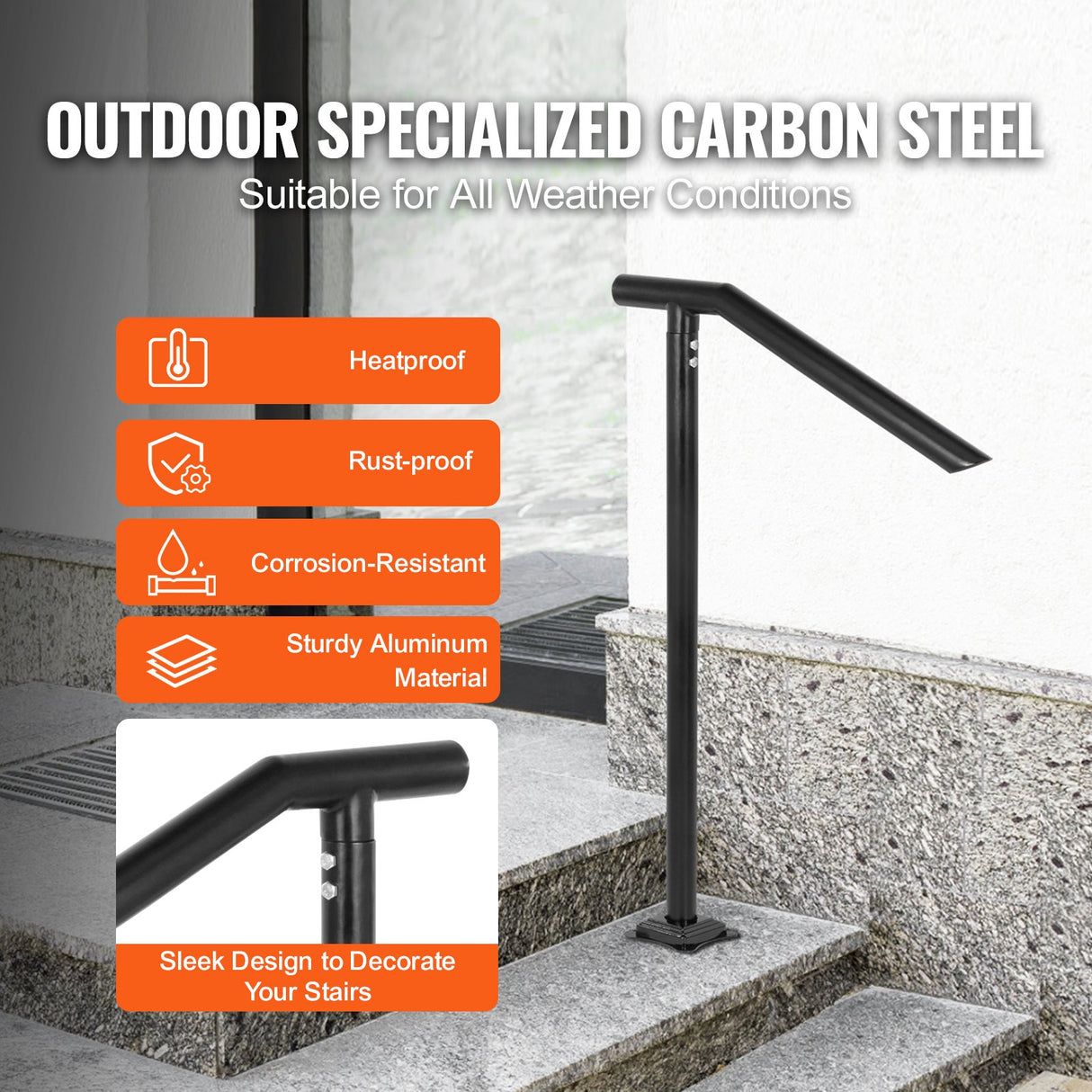 VEVOR 1-3 Step Handrail Railing for Steps Steel 150 kg Capacity with Screw Kit