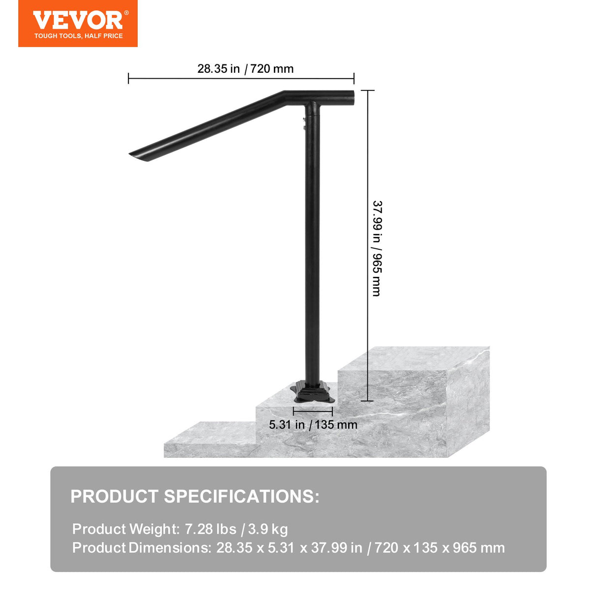 VEVOR 1-3 Step Handrail Railing for Steps Steel 150 kg Capacity with Screw Kit