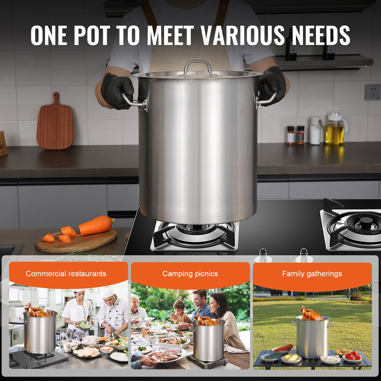 VEVOR Stainless Steel Stockpot, 42 Quart Large Cooking Pots, Multipurpose Cookware Sauce Pot with Li