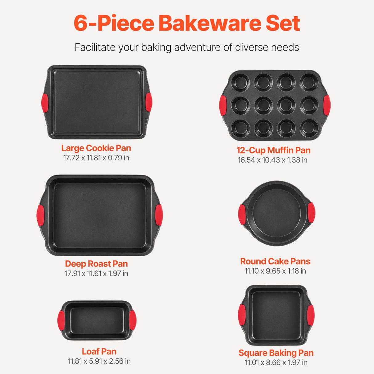 VEVOR Baking Pan Set 6-Piece Nonstick Carbon Steel Set with Silicone Handles