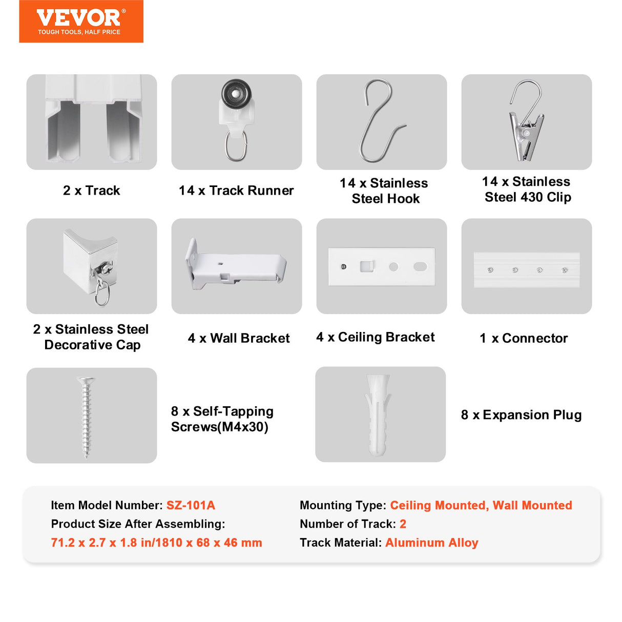 VEVOR Ceiling Curtain Track Set 5.9 FT/1.8 Meter_oom Divider with Hooks White