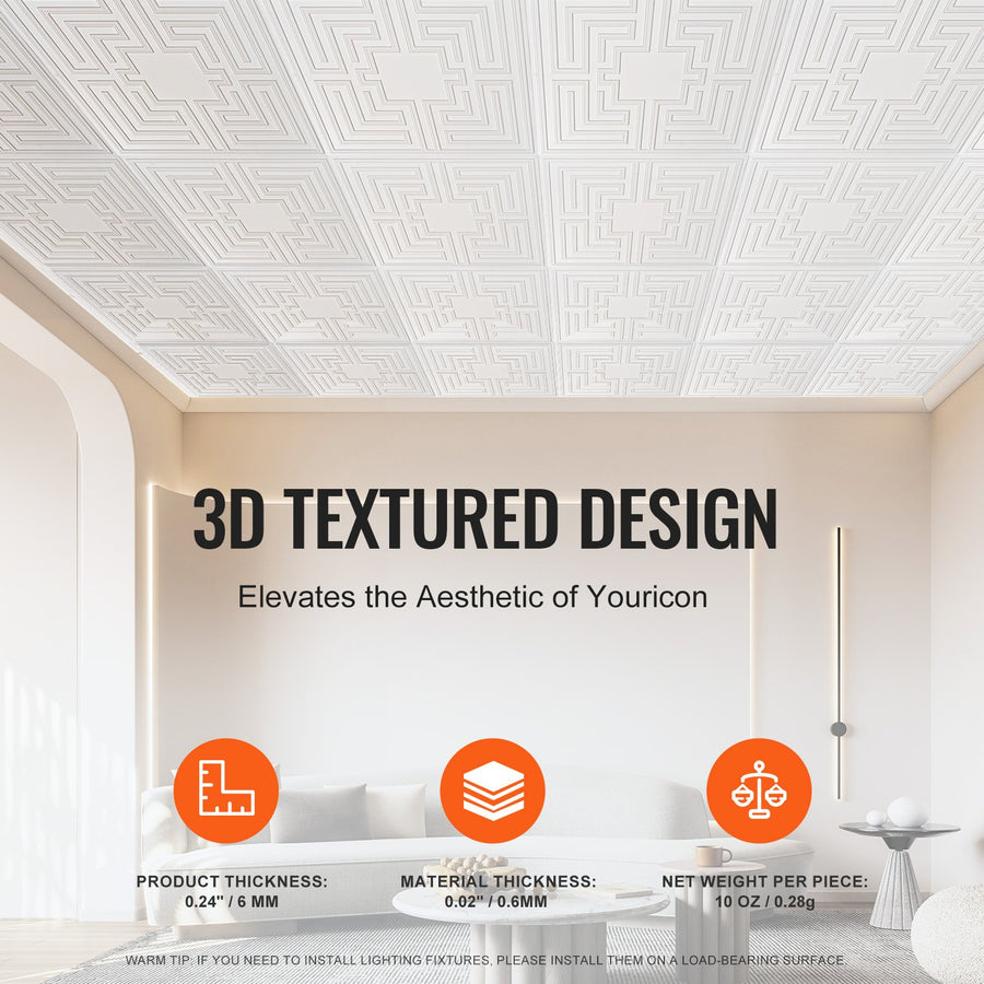 Ceiling Tiles 12-Pack 24 x 24 in PVC Easy Installation White Echo Pattern
