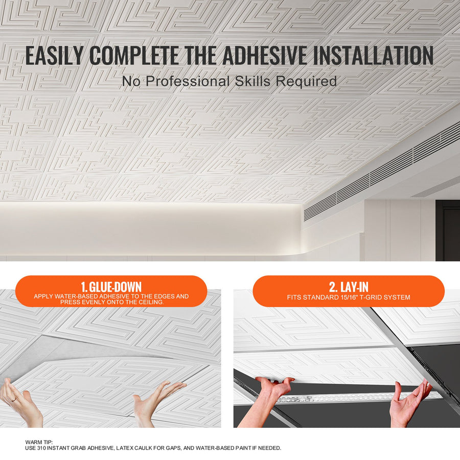 Ceiling Tiles 12-Pack 24 x 24 in PVC Easy Installation White Echo Pattern