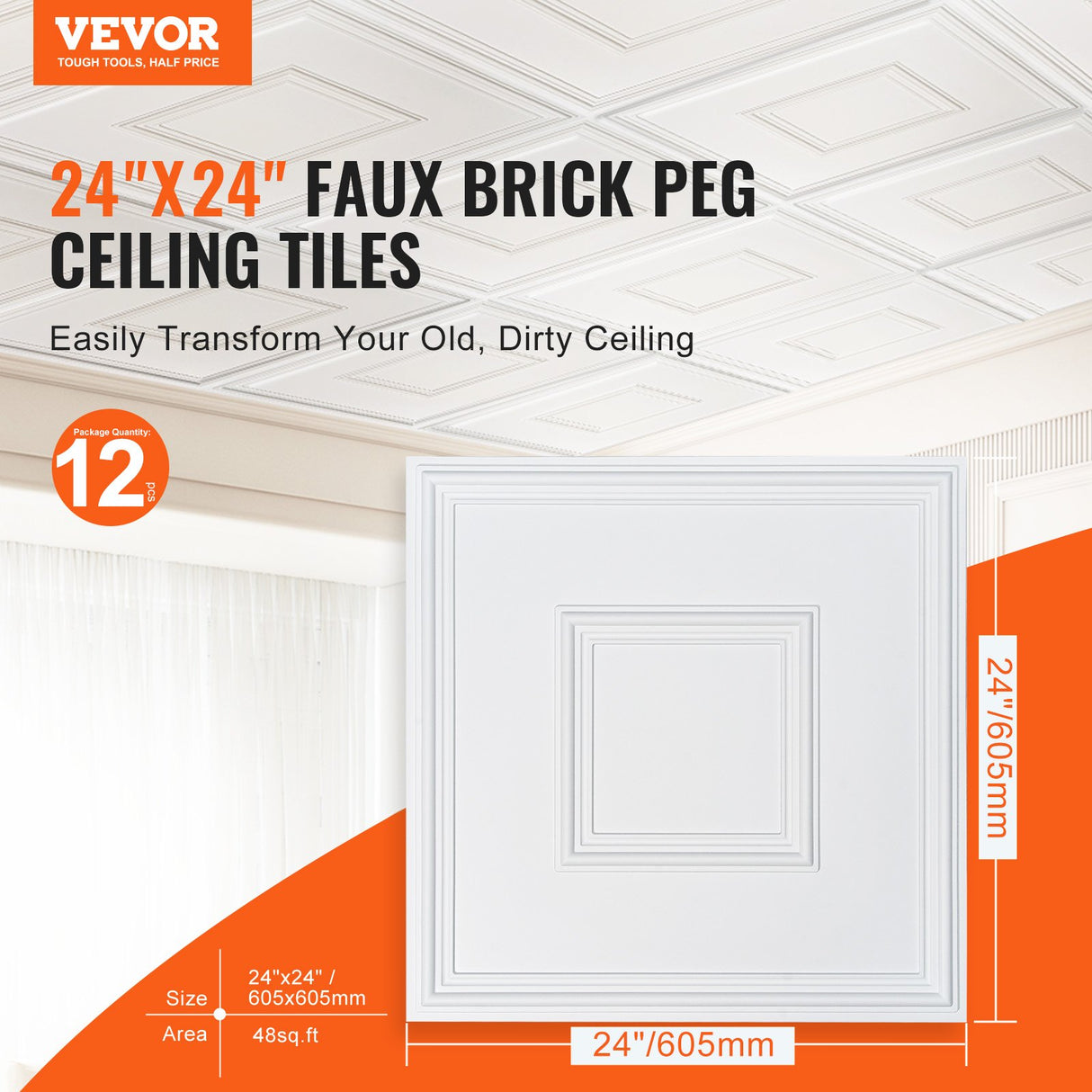 VEVOR Ceiling Tiles 12-Pack 24 x 24 in PVC Easy Installation White Geometric