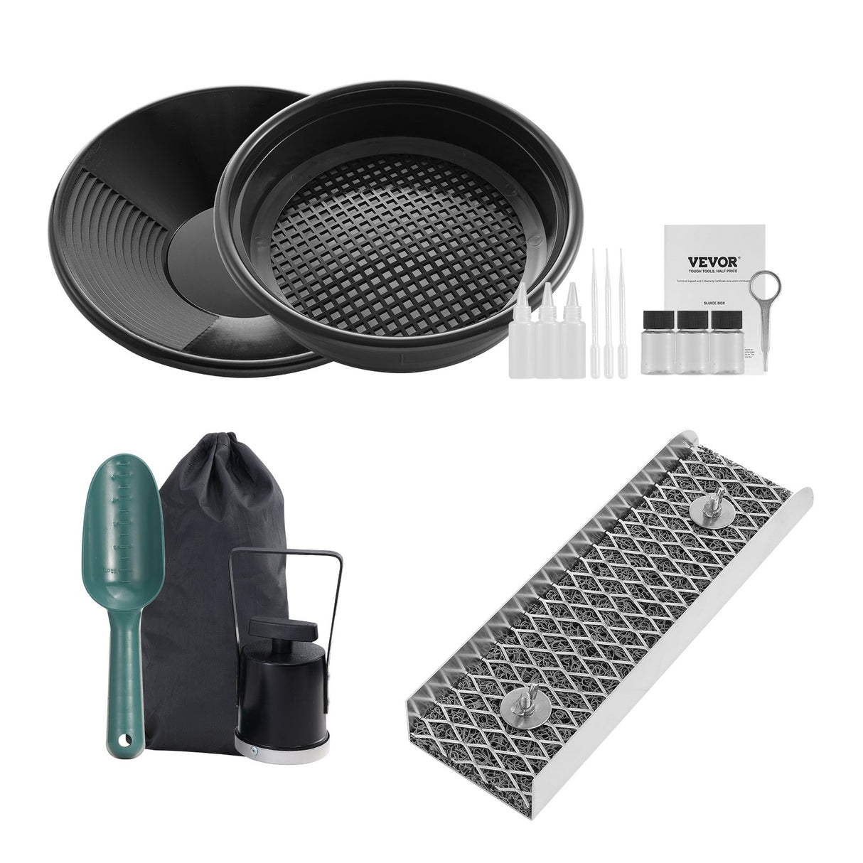 VEVOR Gold Panning Kit With Mini Sluice Box, 12" Aluminum Gold Mining Equipment, 16 PCS Gold Prospecting Kit with Gold Pan, Classifier Screen, Separating Magnet, Drawstring Backpack and Accessories