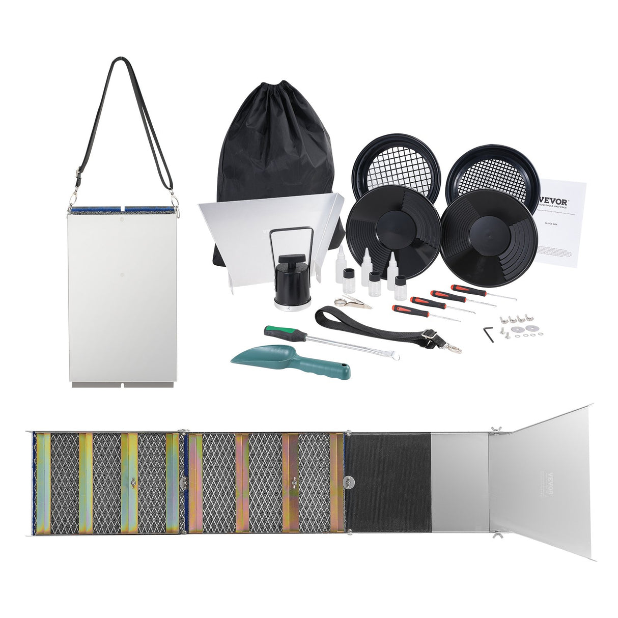 VEVOR Gold Panning Kit With Sluice Box, 50" Aluminum Gold Mining Equipment, 23 PCS Gold Prospecting Kit with Gold Pan, Classifier Screen, Separating Magnet, Drawstring Backpack and Accessories