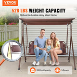 VEVOR 3-Person Patio Swing Chair, Outdoor Patio Swing with Adjustable Canopy, Porch Swing with Armrests, Teslin Fabric and Alloy Steel Frame, for Balcony, Backyard, Patio, Garden, Poolside, Brown - Front View