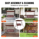VEVOR 3-Person Patio Swing Chair, Outdoor Patio Swing with Adjustable Canopy, Porch Swing with Armrests, Teslin Fabric and Alloy Steel Frame, for Balcony, Backyard, Patio, Garden, Poolside, Brown - Rear View