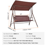VEVOR 3-Person Patio Swing Chair, Outdoor Patio Swing with Adjustable Canopy, Porch Swing with Armrests, Teslin Fabric and Alloy Steel Frame, for Balcony, Backyard, Patio, Garden, Poolside, Brown - Close-Up Angle