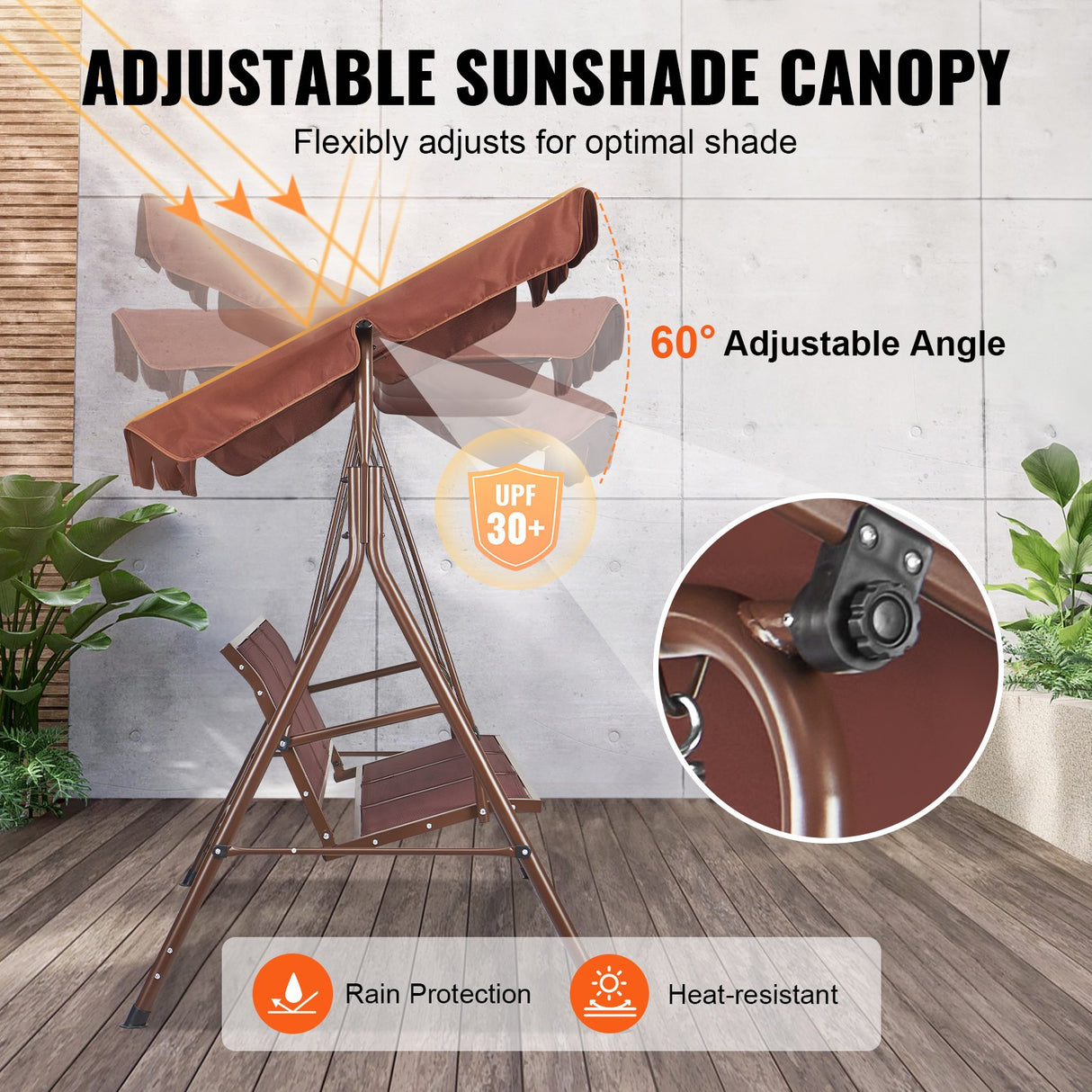 VEVOR 3-Seat Patio Swing Chair, Outdoor Patio Swing with Adjustable Canopy, Porch Swing with Armrests, Teslin Fabric and Alloy Steel Frame, for Balcony, Backyard, Patio, Garden, Poolside, Brown