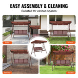 VEVOR 3-Seat Patio Swing Chair, Outdoor Patio Swing with Adjustable Canopy, Porch Swing with Armrests, Teslin Fabric and Alloy Steel Frame, for Balcony, Backyard, Patio, Garden, Poolside, Brown - Rear View