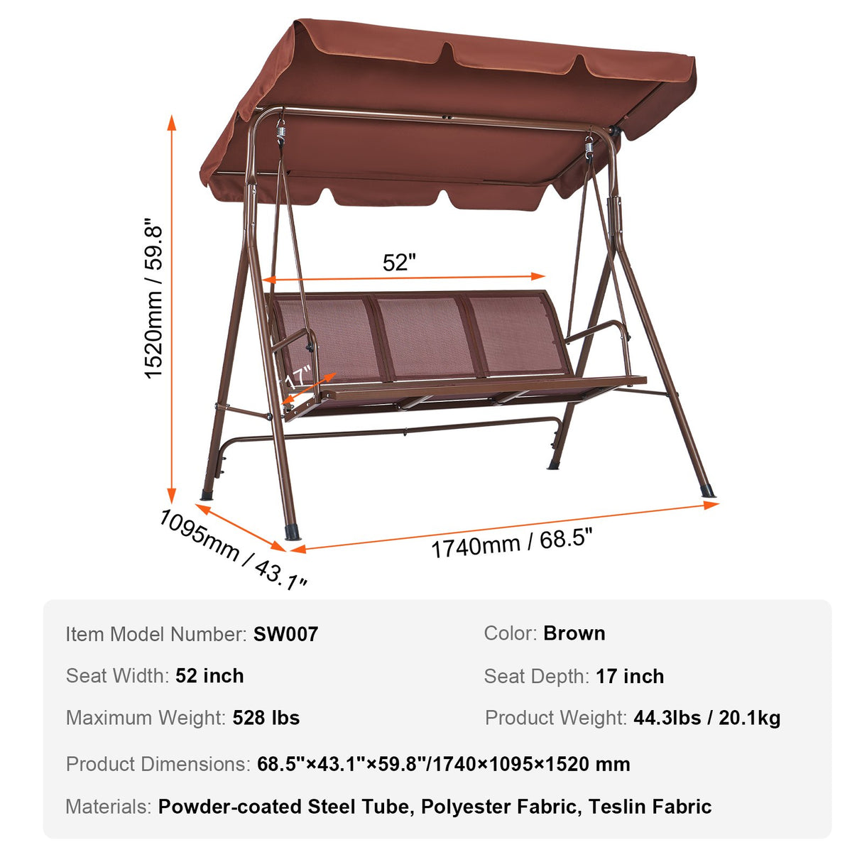 VEVOR 3-Seat Patio Swing Chair, Outdoor Patio Swing with Adjustable Canopy, Porch Swing with Armrests, Teslin Fabric and Alloy Steel Frame, for Balcony, Backyard, Patio, Garden, Poolside, Brown