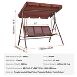 VEVOR 3-Seat Patio Swing Chair, Outdoor Patio Swing with Adjustable Canopy, Porch Swing with Armrests, Teslin Fabric and Alloy Steel Frame, for Balcony, Backyard, Patio, Garden, Poolside, Brown - Close-Up Angle