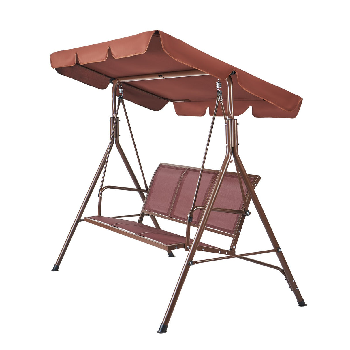 VEVOR 3-Seat Patio Swing Chair, Outdoor Patio Swing with Adjustable Canopy, Porch Swing with Armrests, Teslin Fabric and Alloy Steel Frame, for Balcony, Backyard, Patio, Garden, Poolside, Brown