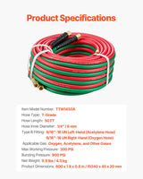 Oxygen Acetylene Hose 1/4-Inch x 50FT T Grade Hose 300PSI Max Working Pressure - Close-Up Angle