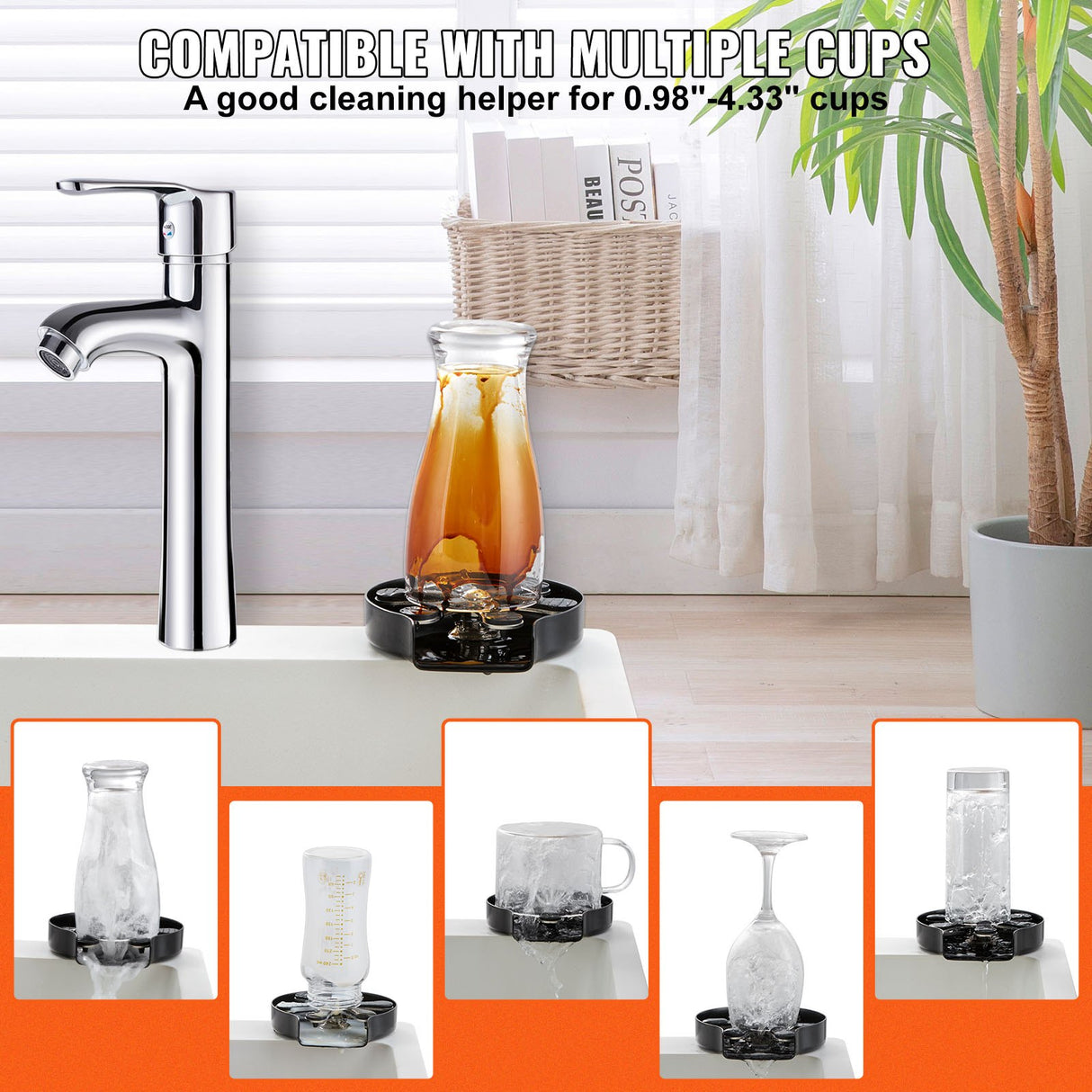 VEVOR Glass Rinser, 10 Powerful Spraying Jets Rotating Cup Rinser for Sink, 304 Stainless Steel Faucet Cup Washer & Silicone Nonslip Pad for Baby
