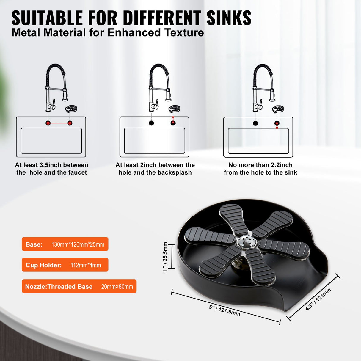 VEVOR Glass Rinser, 10 Powerful Spraying Jets Rotating Cup Rinser for Sink, 304 Stainless Steel Faucet Cup Washer & Silicone Nonslip Pad for Baby