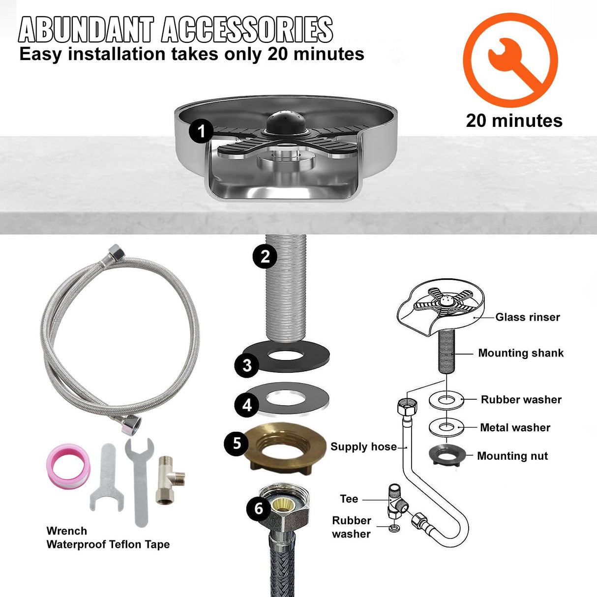 VEVOR Glass Rinser, 10 Powerful Spraying Jets Rotating Cup Rinser for Sink, 304 Stainless Steel Faucet Cup Washer & Silicone Nonslip Pad for Baby