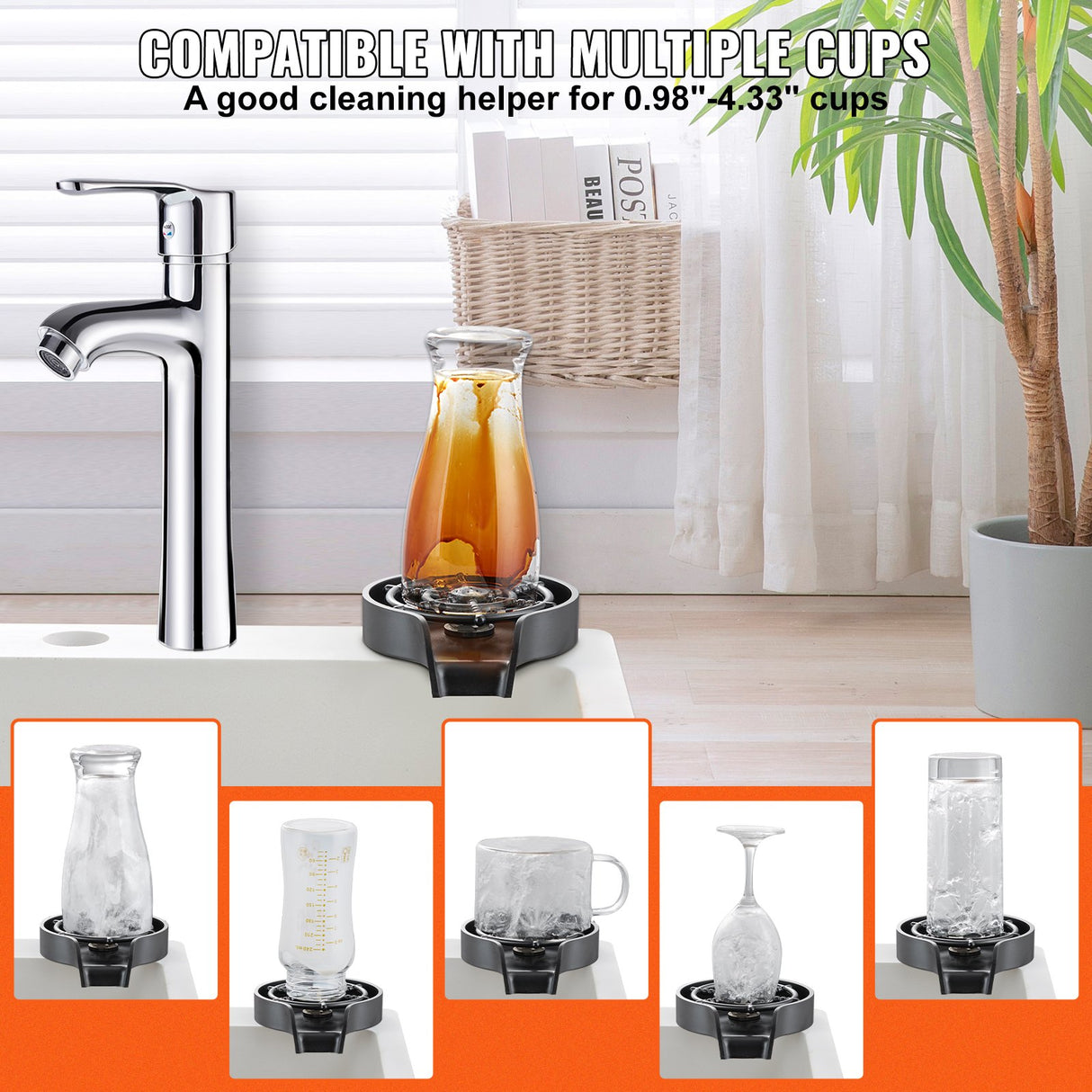 VEVOR Glass Rinser, 10 Powerful Spraying Jets Rotating Cup Rinser for Sink, Wearproof ABS Kitchen Sink Faucet Cup Washer & ABS Cup Holder for Baby