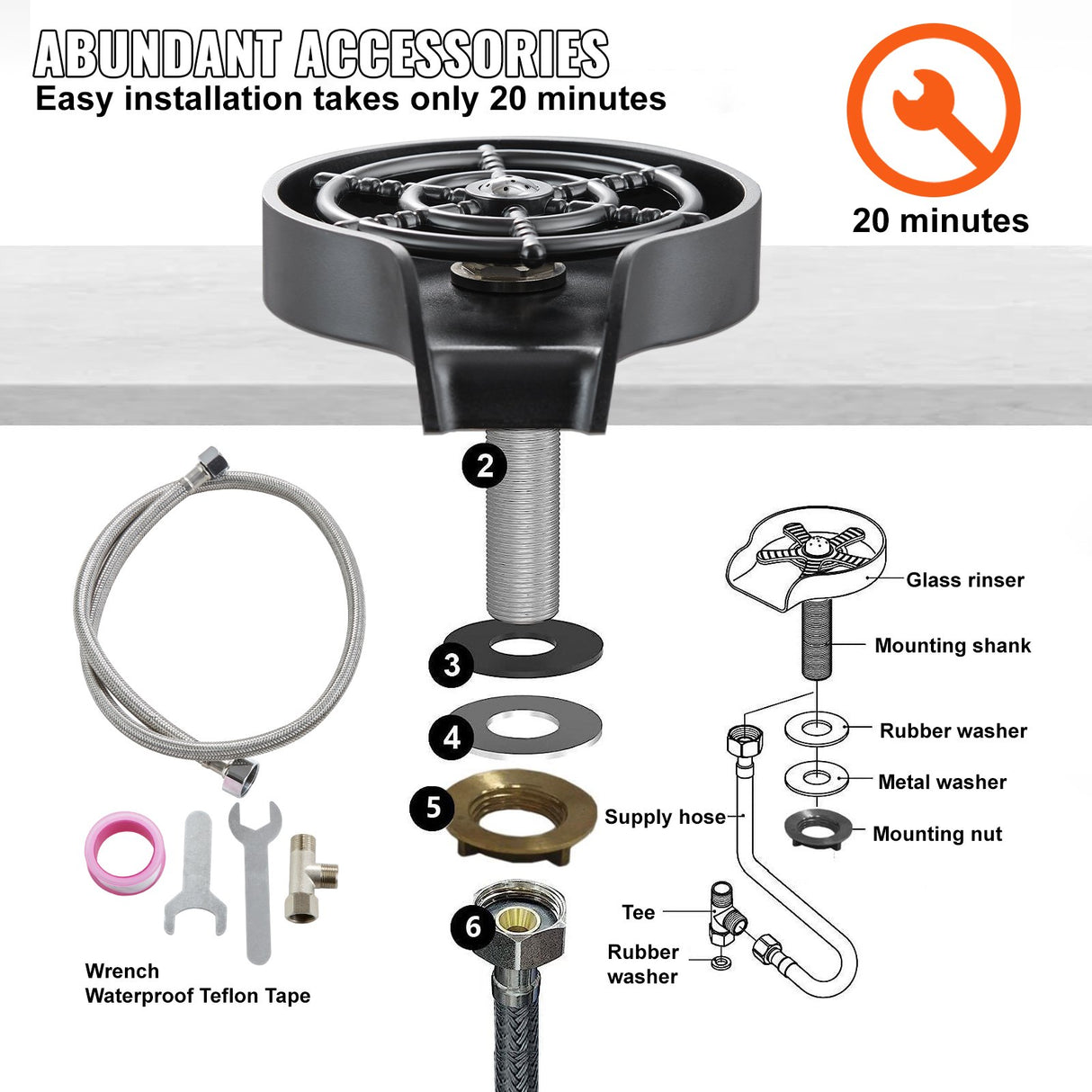 VEVOR Glass Rinser, 10 Powerful Spraying Jets Rotating Cup Rinser for Sink, Wearproof ABS Kitchen Sink Faucet Cup Washer & ABS Cup Holder for Baby