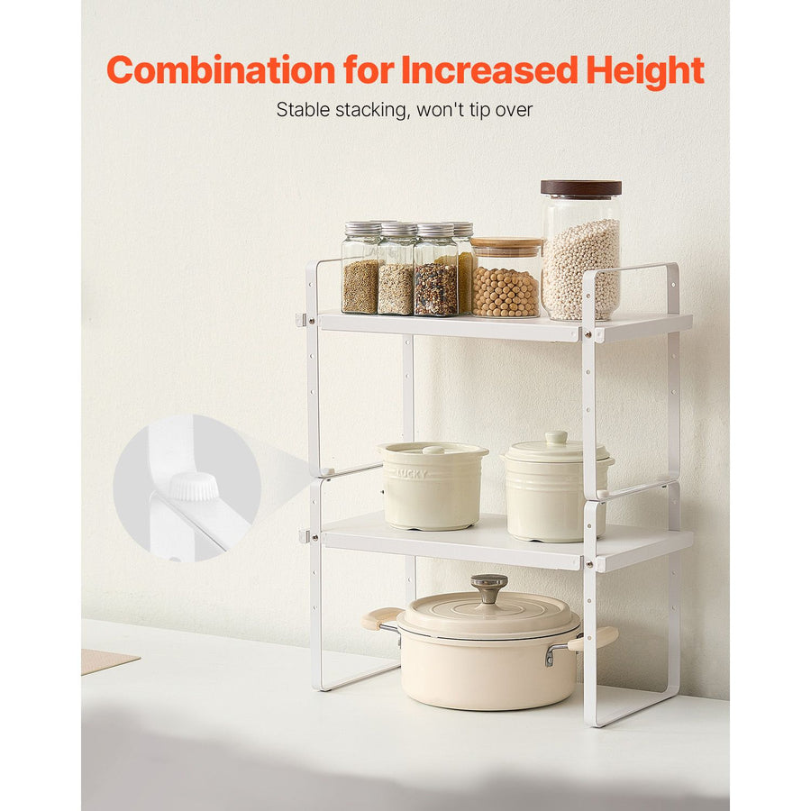 Adjustable Kitchen Cabinet Shelf Organizer, Expandable 2 Tier Cabinet Shelf, Stackable Countertop Organizers and Storage Shelf Risers, Pantry Organizers for Kitchen Bathroom Office, White