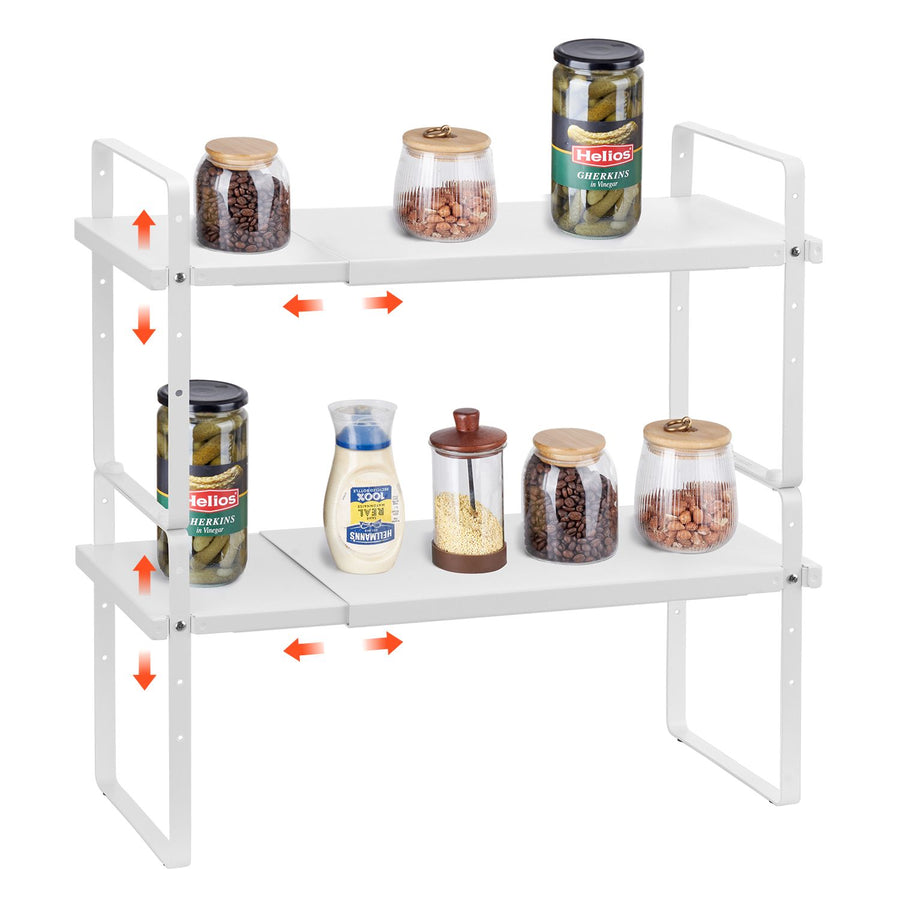 Adjustable Kitchen Cabinet Shelf Organizer, Expandable 2 Tier Cabinet Shelf, Stackable Countertop Organizers and Storage Shelf Risers, Pantry Organizers for Kitchen Bathroom Office, White