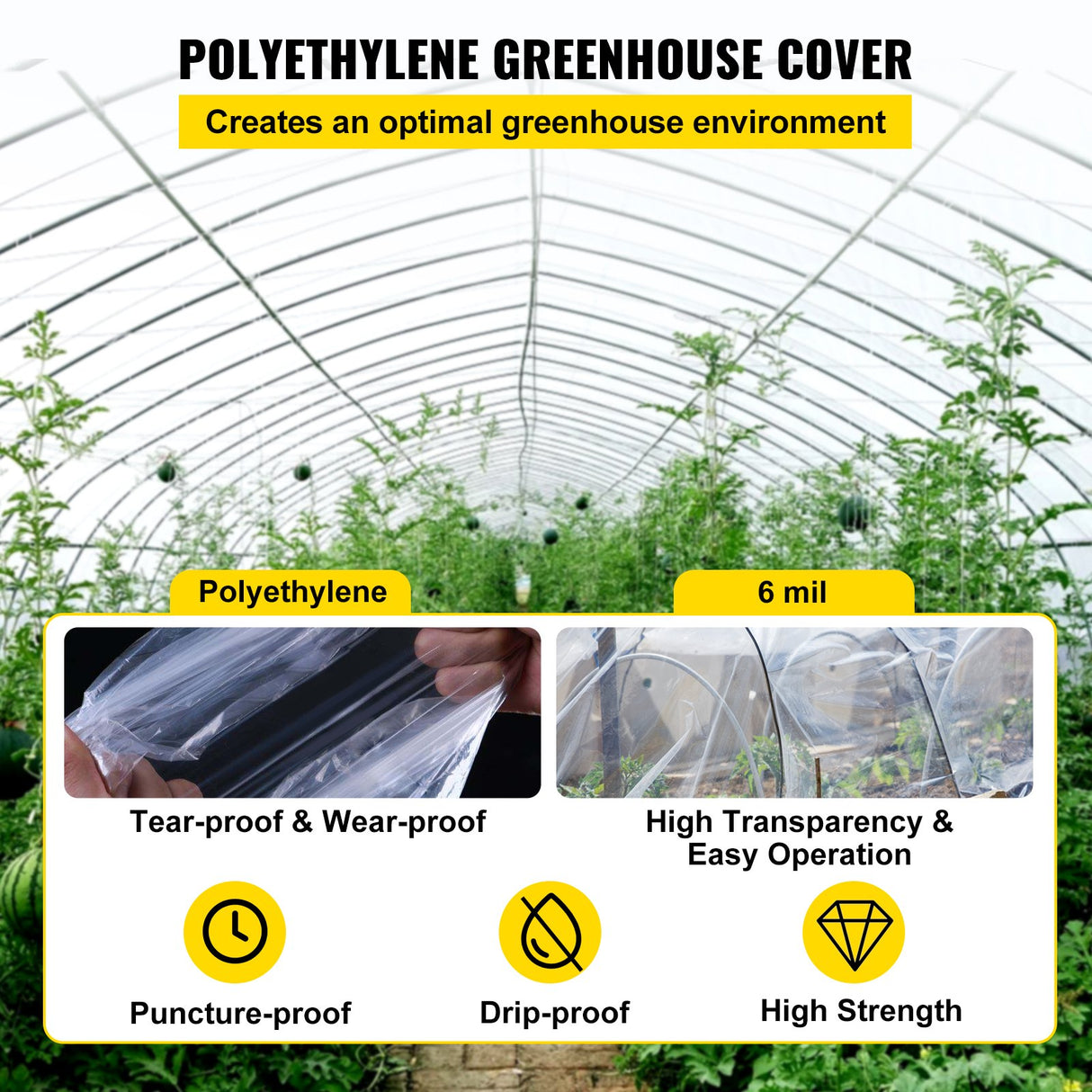 VEVOR Greenhouse Film, 24' x 100' Greenhouse Plastic Sheeting, 6 mil Thickness Suncover Greenhouse, Clear Polyethylene Cover, UV Proof Farm Plastic