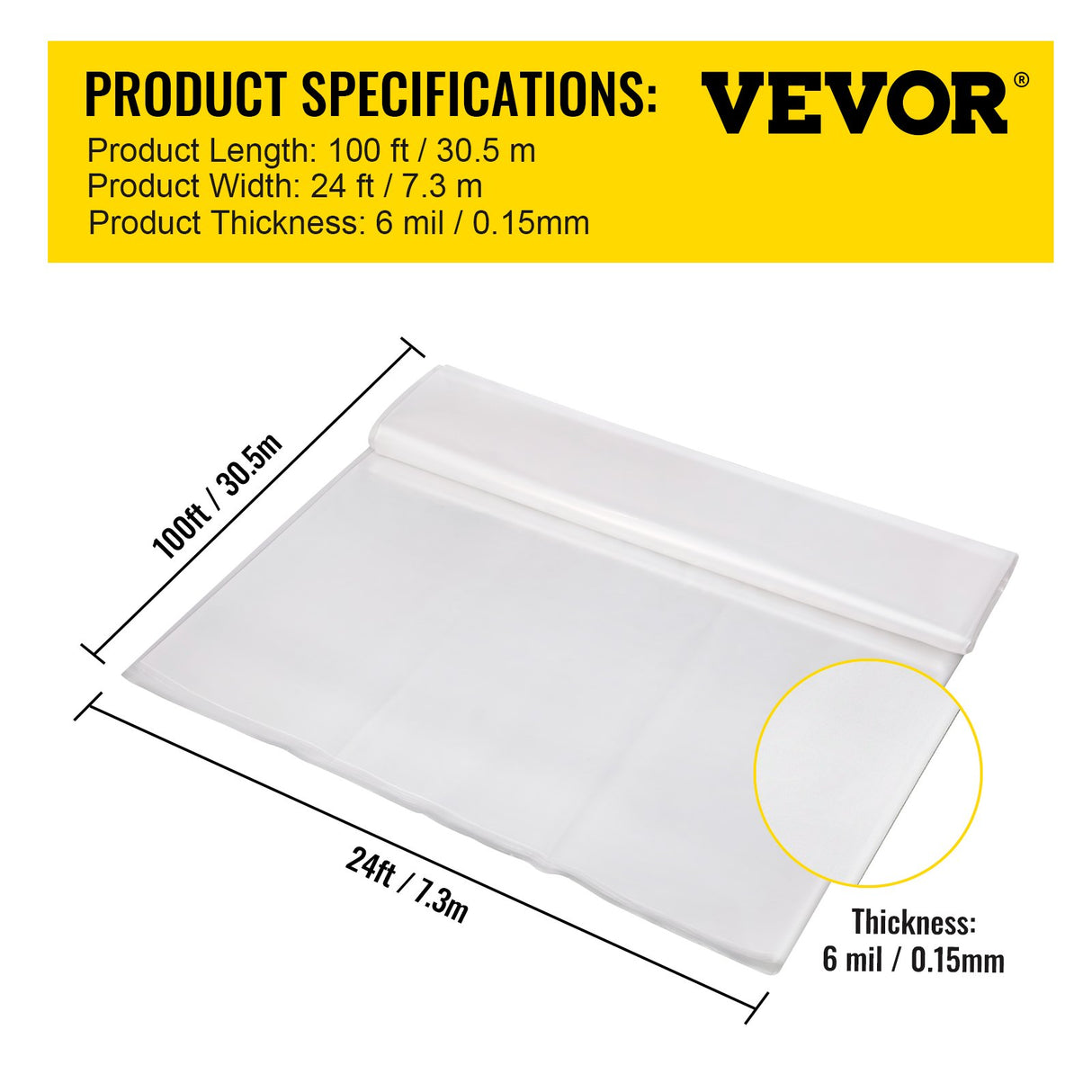 VEVOR Greenhouse Film, 24' x 100' Greenhouse Plastic Sheeting, 6 mil Thickness Suncover Greenhouse, Clear Polyethylene Cover, UV Proof Farm Plastic