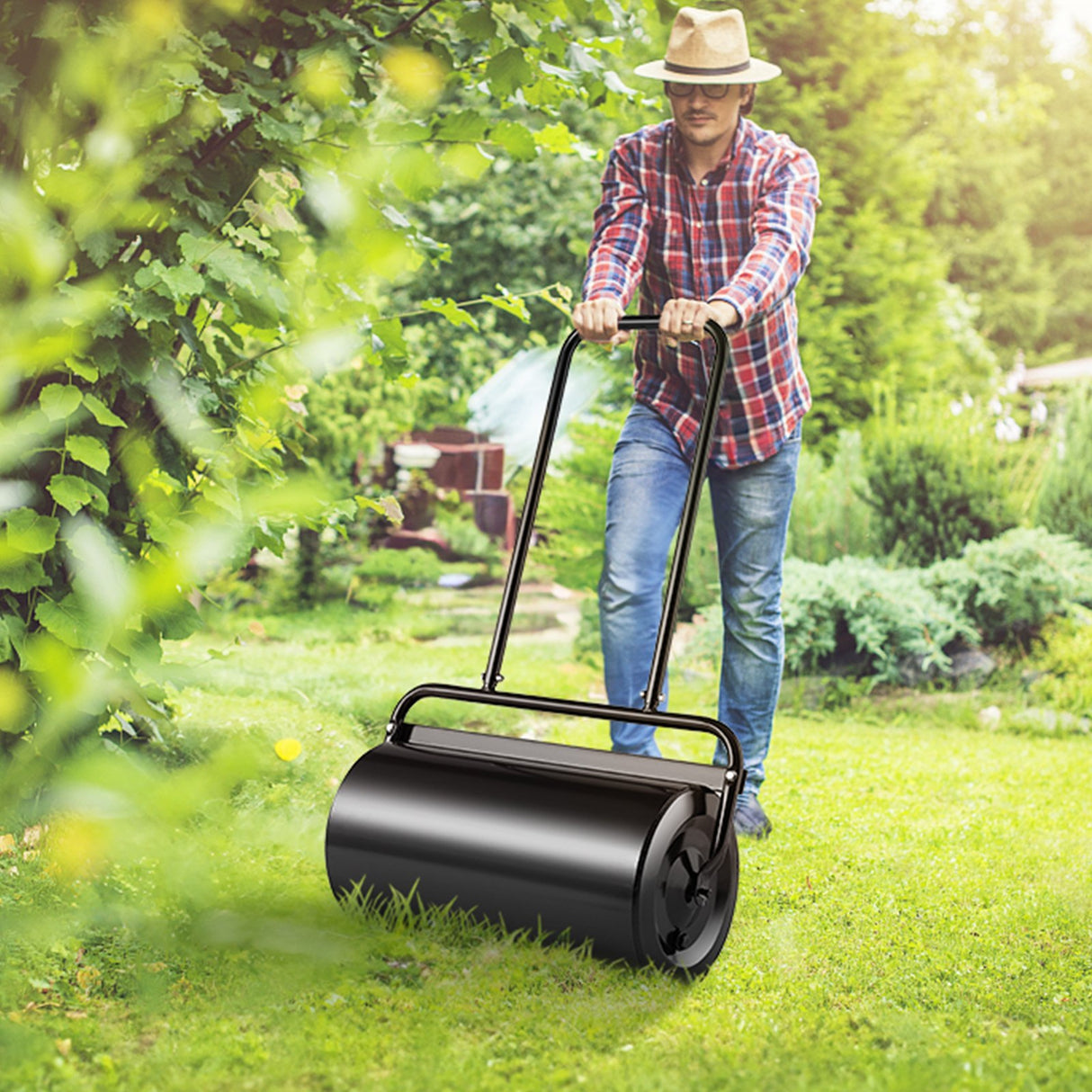 VEVOR Lawn Roller, 13 Gallon 24Inch Sand/Water Filled Yard Roller, Steel Sod Roller with Easy-turn Plug and U-Shaped Ergonomic Handle for Convenient Push and Pull, for Lawn, Garden, Farm, Park, Black
