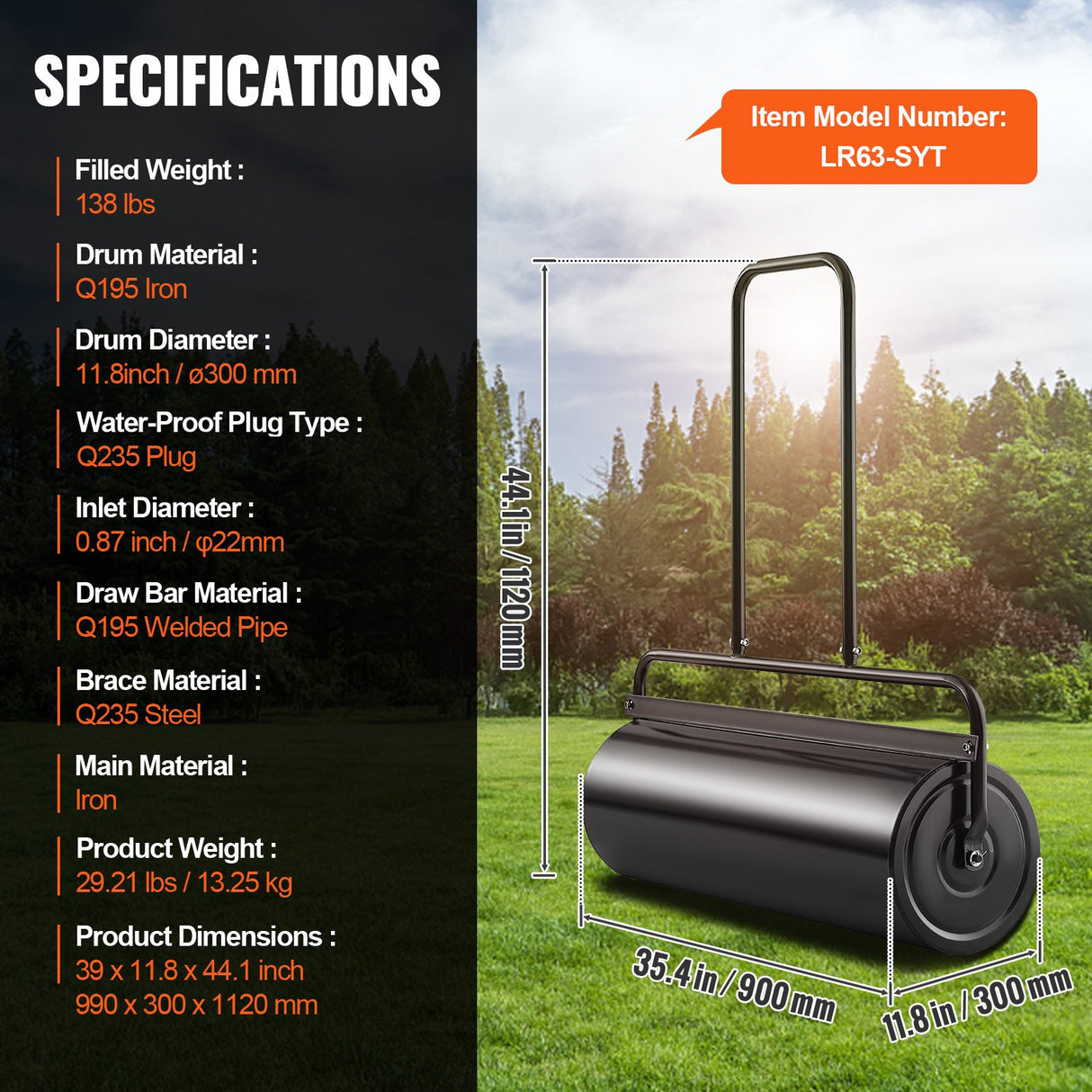 VEVOR Lawn Roller, 17 Gallon 36 Inch Sand/Water Filled Yard Roller, Steel Sod Roller with Easy-turn Plug and U-Shaped Ergonomic Handle for Convenient Push and Pull, for Lawn, Garden, Farm, Park, Black