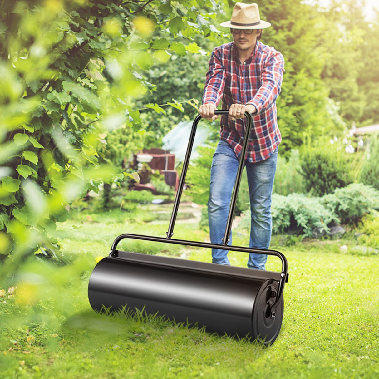 VEVOR Lawn Roller, 17 Gallon 36 Inch Sand/Water Filled Yard Roller, Steel Sod Roller with Easy-turn Plug and U-Shaped Ergonomic Handle for Convenient Push and Pull, for Lawn, Garden, Farm, Park, Black