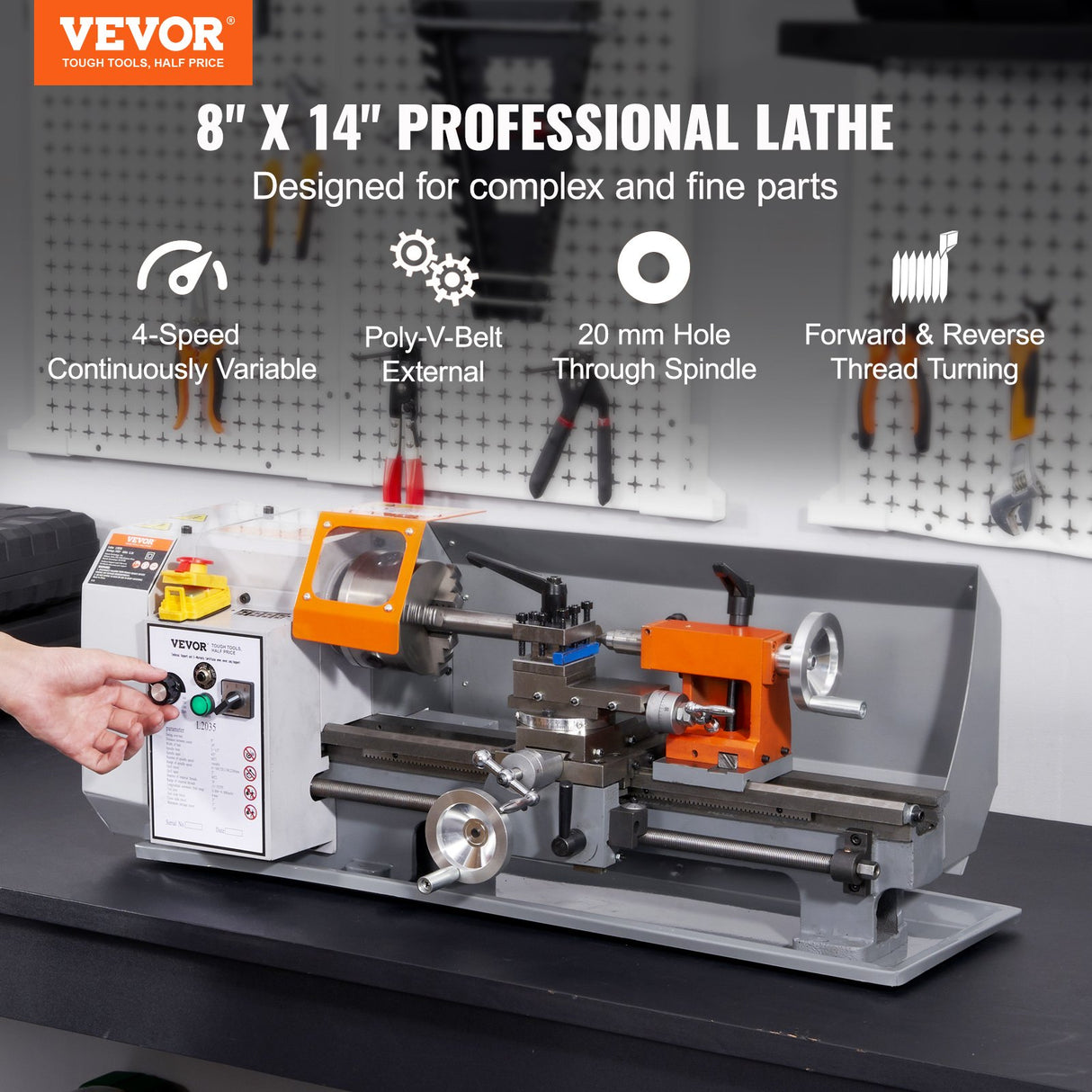 VEVOR Metal Lathe Machine, 200 mm x 350 mm, Precision Benchtop Power Metal Lathe, 50-2500 RPM Continuously Variable Speed, 600W Brush Motor Metal