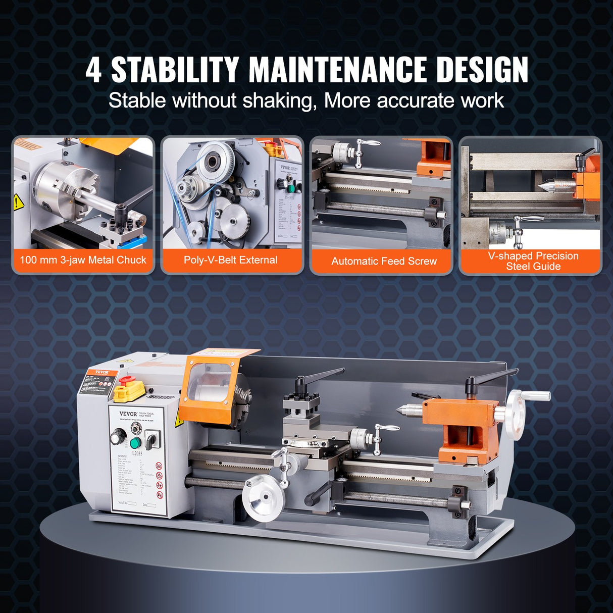 VEVOR Metal Lathe Machine, 200 mm x 350 mm, Precision Benchtop Power Metal Lathe, 50-2500 RPM Continuously Variable Speed, 600W Brush Motor Metal