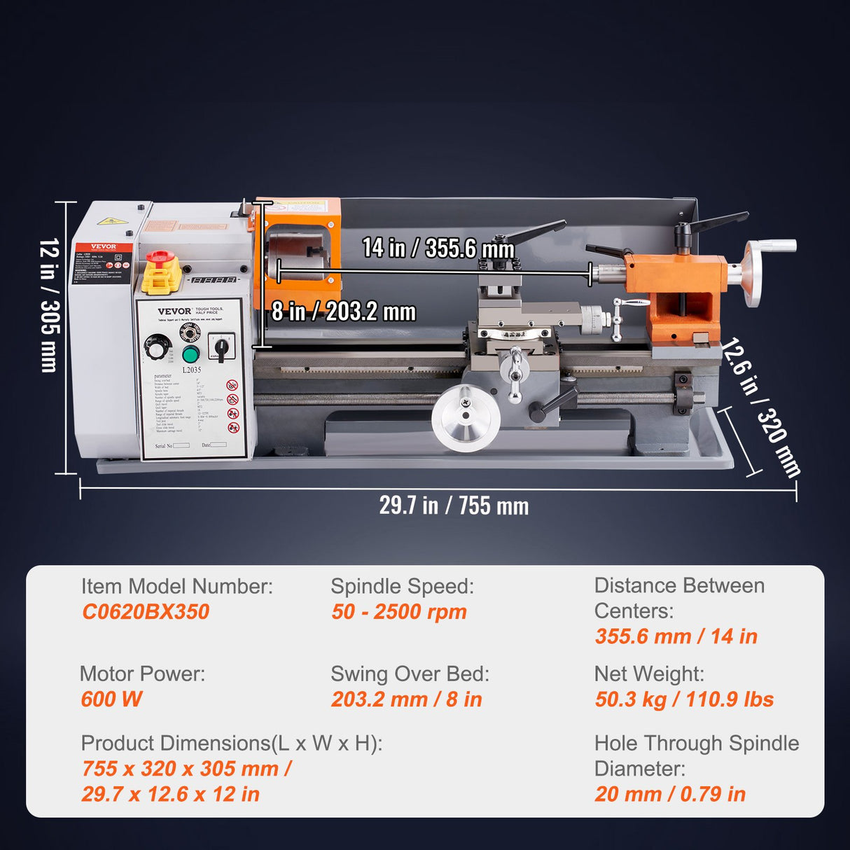 VEVOR Metal Lathe Machine, 200 mm x 350 mm, Precision Benchtop Power Metal Lathe, 50-2500 RPM Continuously Variable Speed, 600W Brush Motor Metal