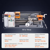 VEVOR Metal Lathe Machine, 200 mm x 350 mm, Precision Benchtop Power Metal Lathe, 50-2500 RPM Continuously Variable Speed, 600W Brush Motor Metal Gears, with Tool Box for Processing Precision Parts - Close-Up Angle
