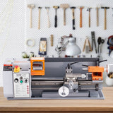 VEVOR Metal Lathe Machine, 200 mm x 350 mm, Precision Benchtop Power Metal Lathe, 50-2500 RPM Continuously Variable Speed, 600W Brush Motor Metal Gears, with Tool Box for Processing Precision Parts - Low Angle