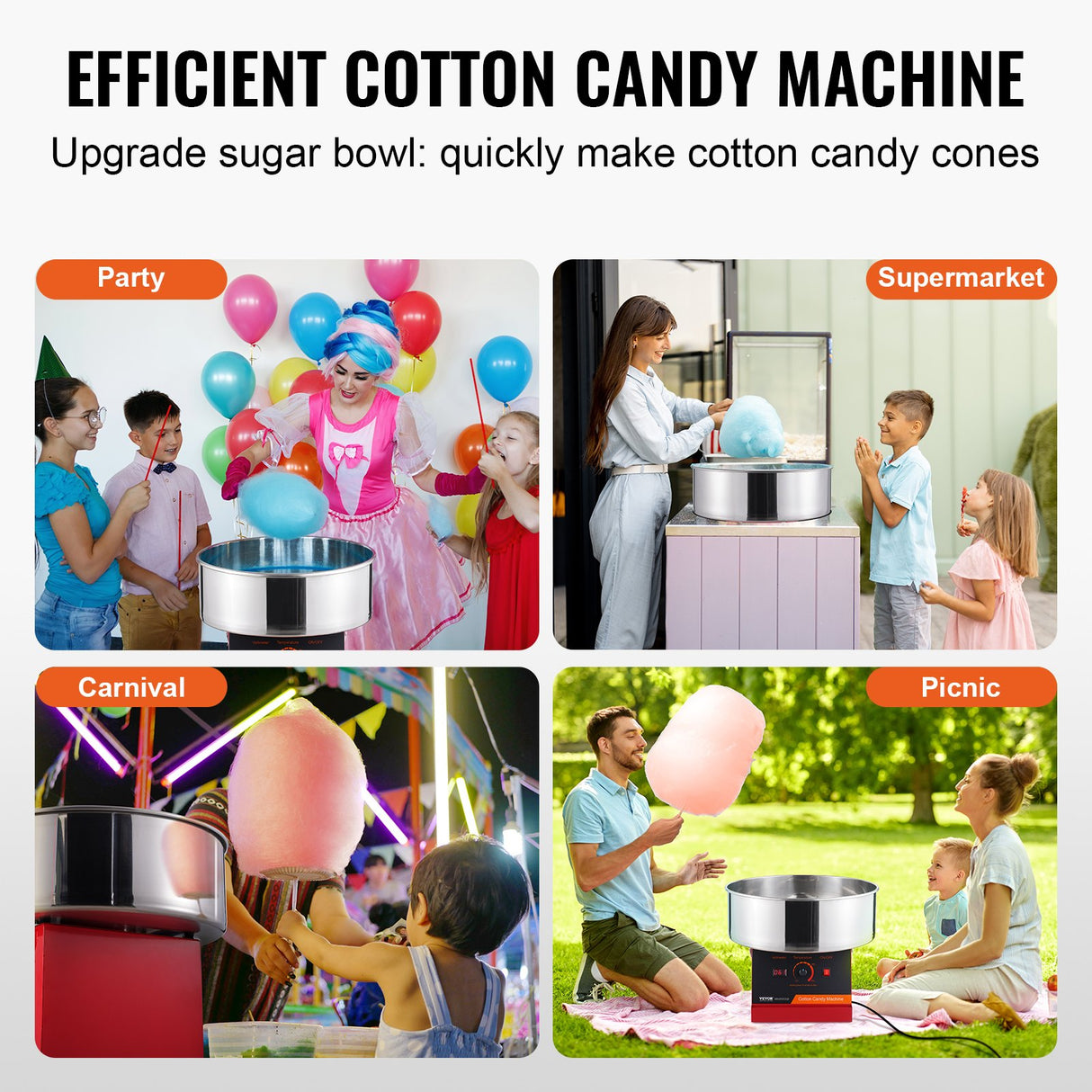 VEVOR Electric Cotton Candy Machine, 1000W Candy Floss Maker, Commercial Cotton Candy Machine with Stainless Steel Bowl, and Sugar Scoop, Perfect for