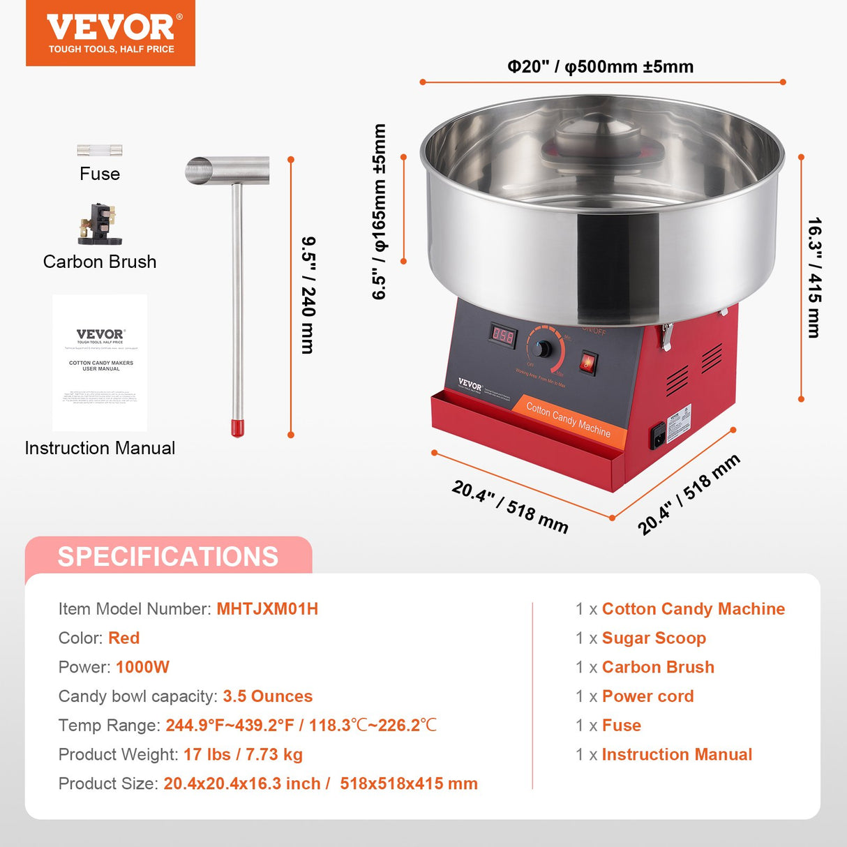 VEVOR Electric Cotton Candy Machine, 1000W Candy Floss Maker, Commercial Cotton Candy Machine with Stainless Steel Bowl, and Sugar Scoop, Perfect for