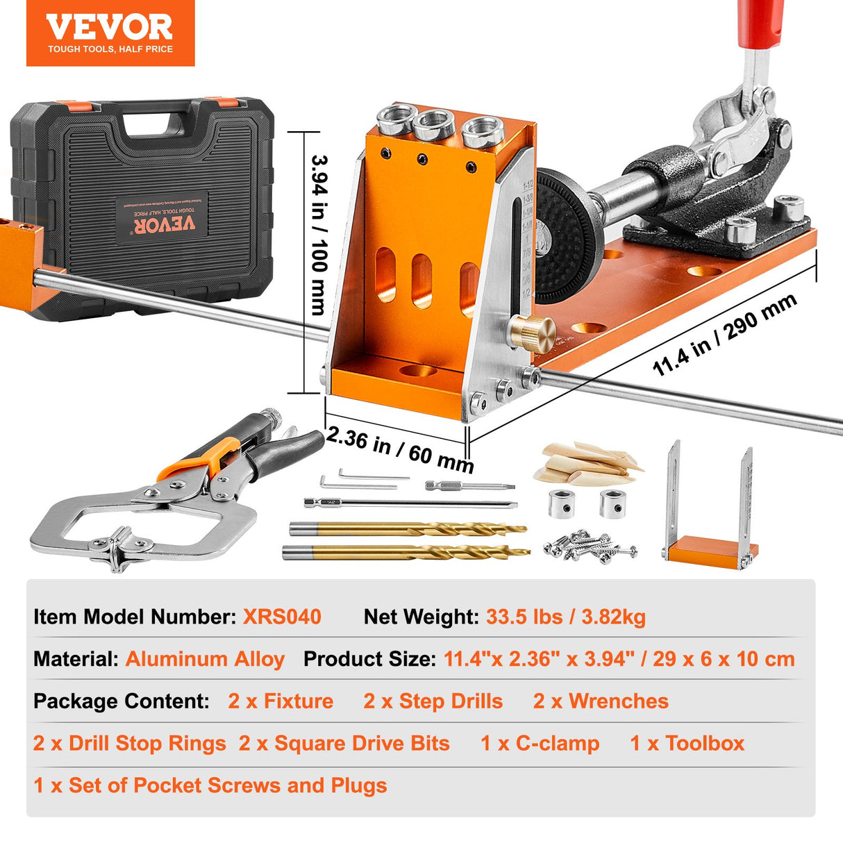 VEVOR Pocket Hole Jig Kit, 34 Pcs Pocket Hole Jig System with C-clamp,  Fixture, Step Drills, Wrenches, Drill Stop Rings, Square Drive Bits, Toolbox, for DIY Carpentry Projects, Adjustable