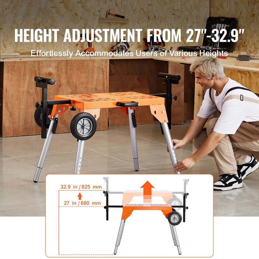 Miter Saw Stand with Tabletop and Wheels 330lbs Load Capacity Adjustable