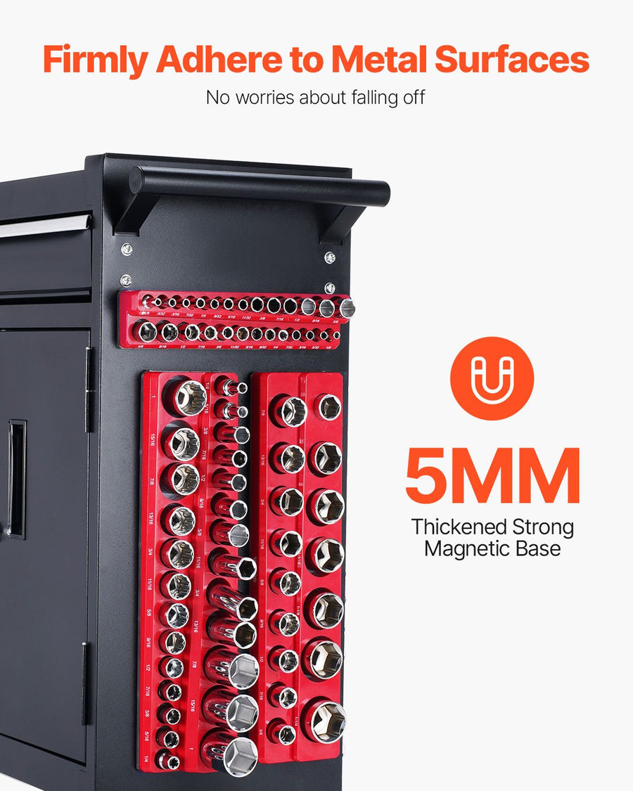 Magnetic Socket Organizer Set, 3PCS Magnetic Socket Holder, 1/4'', 3/8'' & 1/2'' SAE Socket Trays with Clear Labels, Hold up to 68PCS Standard & Deep Sockets, Red (Sockets Not Included)