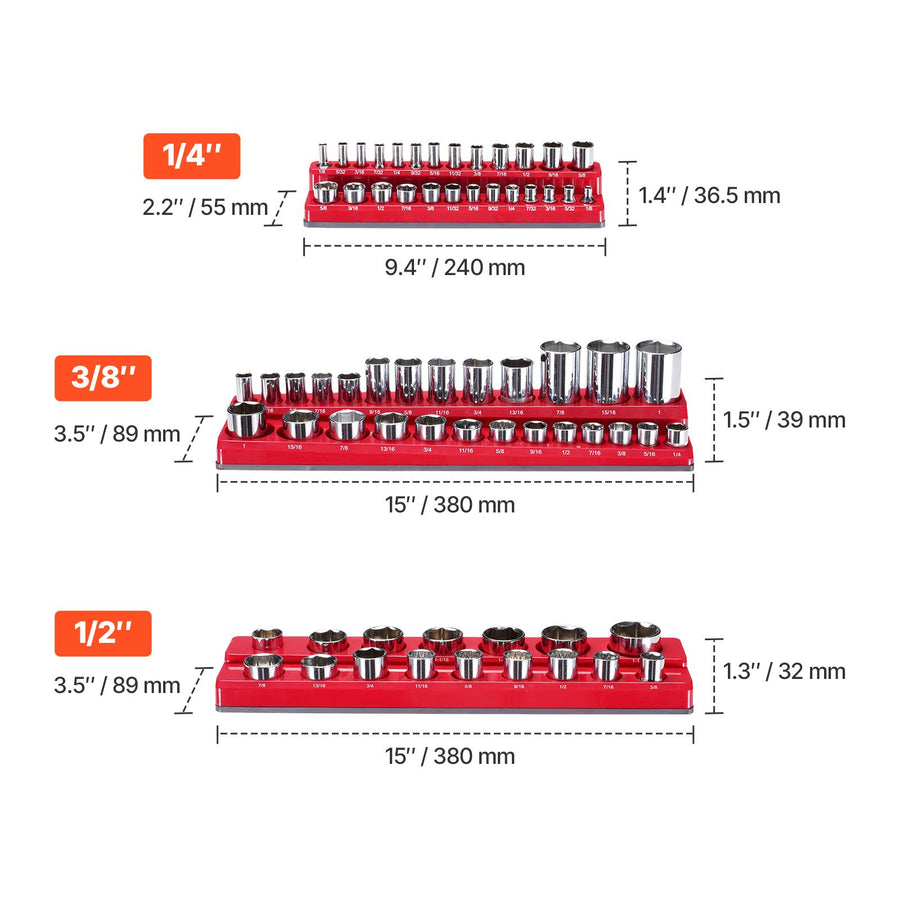 Magnetic Socket Organizer Set, 3PCS Magnetic Socket Holder, 1/4'', 3/8'' & 1/2'' SAE Socket Trays with Clear Labels, Hold up to 68PCS Standard & Deep Sockets, Red (Sockets Not Included)