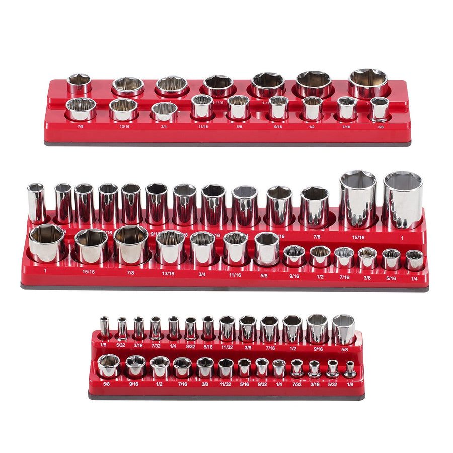 Magnetic Socket Organizer Set, 3PCS Magnetic Socket Holder, 1/4'', 3/8'' & 1/2'' SAE Socket Trays with Clear Labels, Hold up to 68PCS Standard & Deep Sockets, Red (Sockets Not Included)