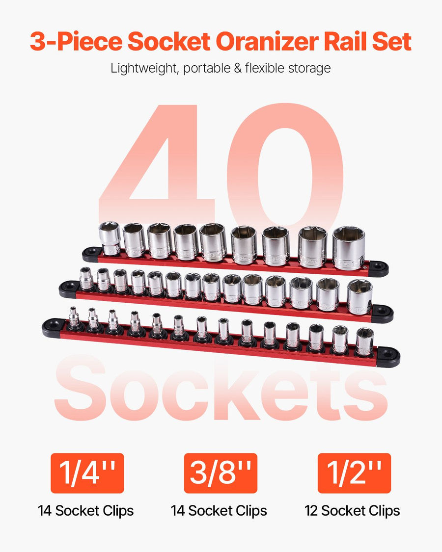 Socket Organizer Rail Set, 3PCS Metric & SAE Aluminum Socket Organizers, 1/4'', 3/8'' & 1/2'' Heavy-Duty Socket Holder with 360° Rotating Clips for Tool Box, Hold up to 40 Sockets, Red & Black