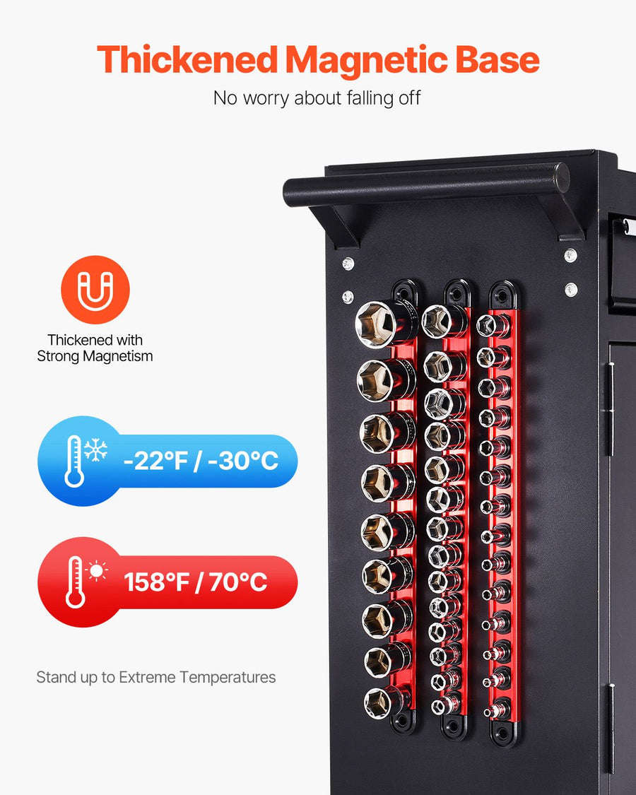 Socket Organizer Rail Set, 3PCS Metric & SAE Aluminum Socket Organizers, 1/4'', 3/8'' & 1/2'' Heavy-Duty Socket Holder with 360° Rotating Clips for Tool Box, Hold up to 40 Sockets, Red & Black