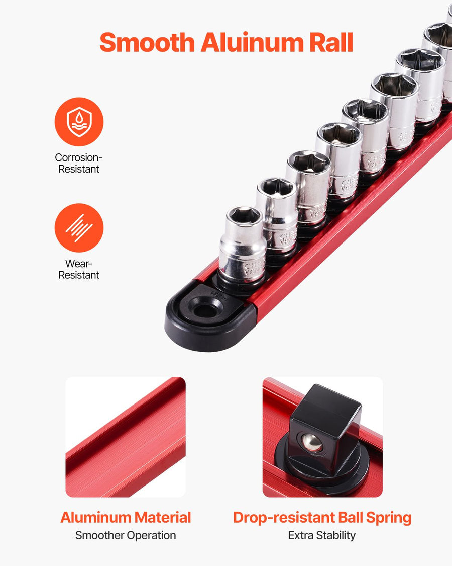 Socket Organizer Rail Set, 3PCS Metric & SAE Aluminum Socket Organizers, 1/4'', 3/8'' & 1/2'' Heavy-Duty Socket Holder with 360° Rotating Clips for Tool Box, Hold up to 40 Sockets, Red & Black