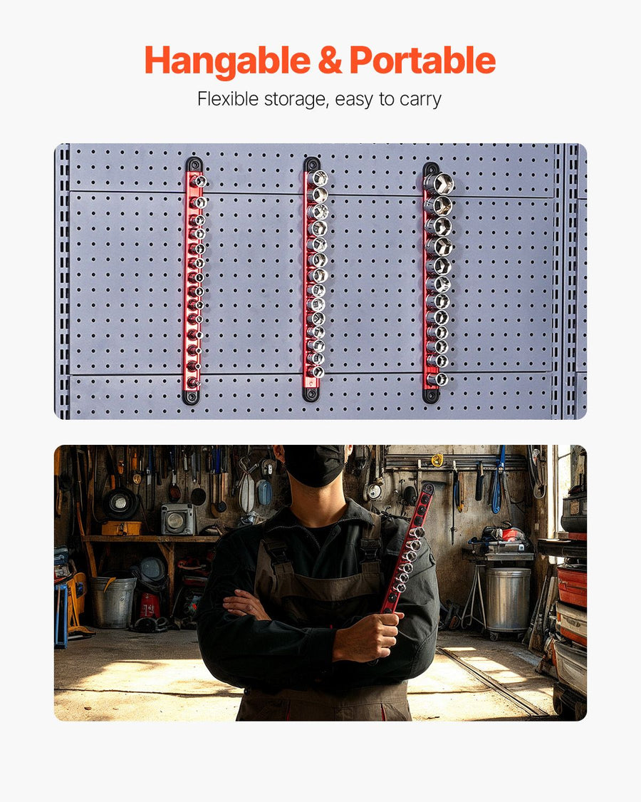 Socket Organizer Rail Set, 3PCS Metric & SAE Aluminum Socket Organizers, 1/4'', 3/8'' & 1/2'' Heavy-Duty Socket Holder with 360° Rotating Clips for Tool Box, Hold up to 40 Sockets, Red & Black