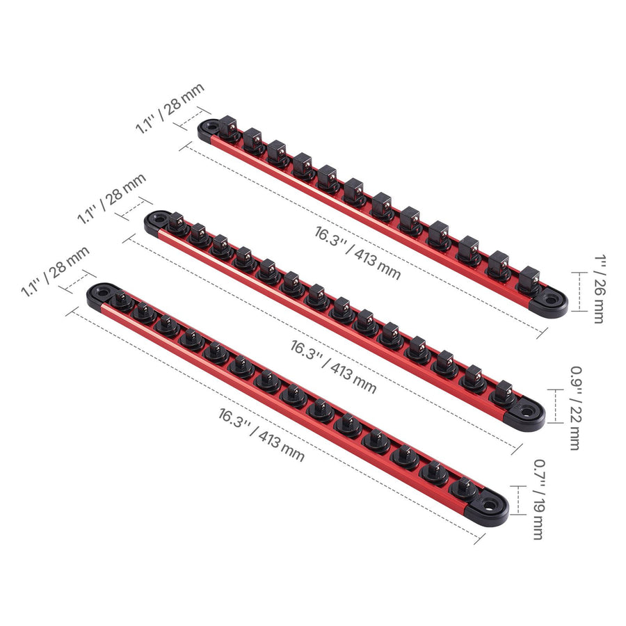 Socket Organizer Rail Set, 3PCS Metric & SAE Aluminum Socket Organizers, 1/4'', 3/8'' & 1/2'' Heavy-Duty Socket Holder with 360° Rotating Clips for Tool Box, Hold up to 40 Sockets, Red & Black