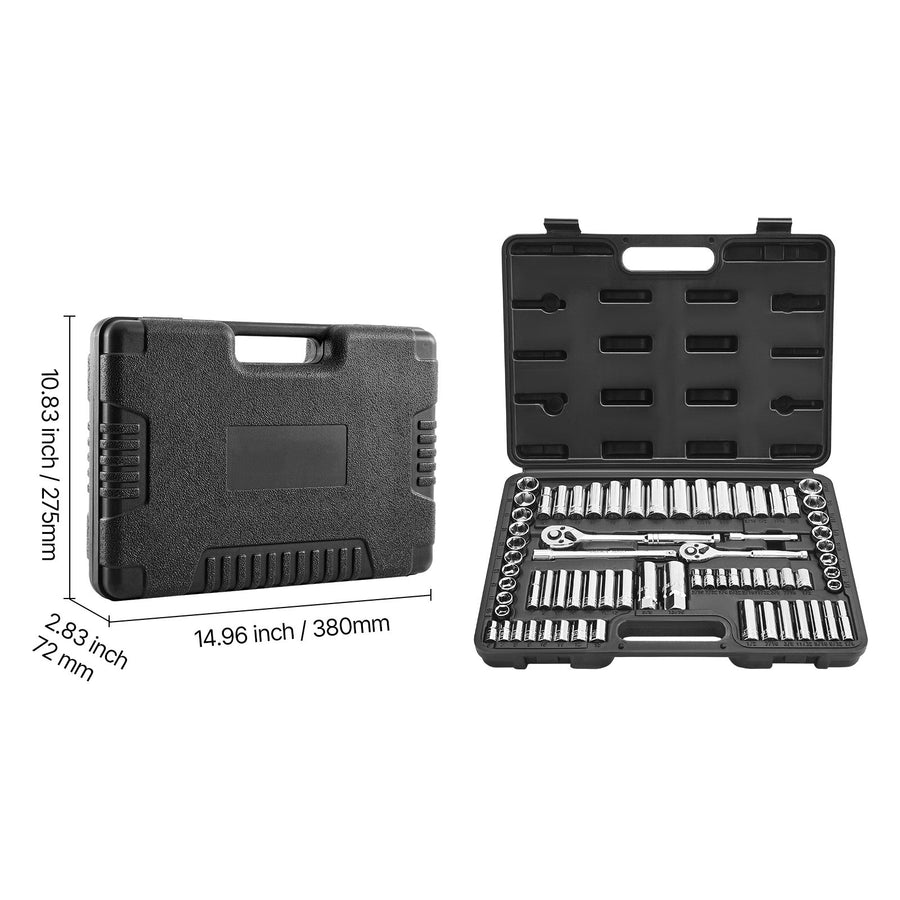 Socket Set, 69 Pieces, 9.5 & 6.4 mm Drive Socket and Ratchet Set, SAE and Metric, Deep and Standard, Mechanic Tool Kit with Accessories and Storage Case, CR-V Alloy Steel, for Auto Repair