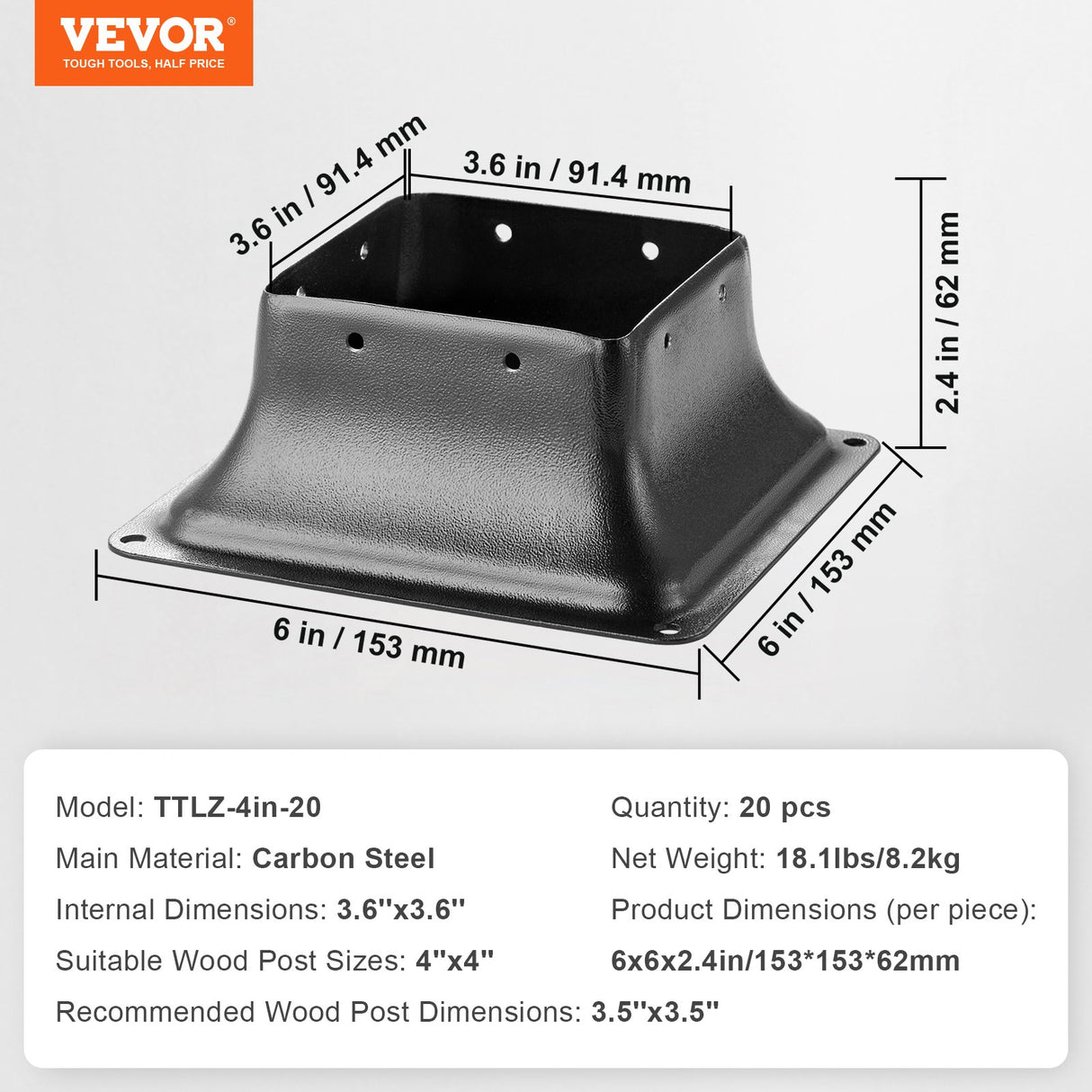 VEVOR 101.6x101.6mm Post Base 20Pcs, Internal 91x91mm Heavy Duty Powder-Coated Steel Post Bracket Fit for Standard Wood Post Anchor, Decking Post Base